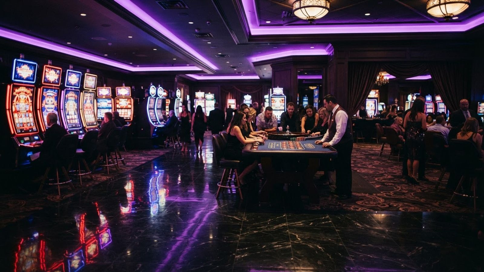 Casino floor met gokkasten en roulettetafel onder paars licht