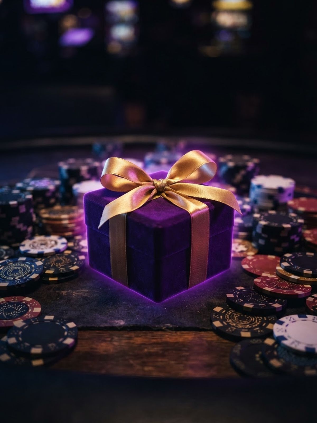 Gouden cadeaubox met casinofiches en munten op paarse achtergrond