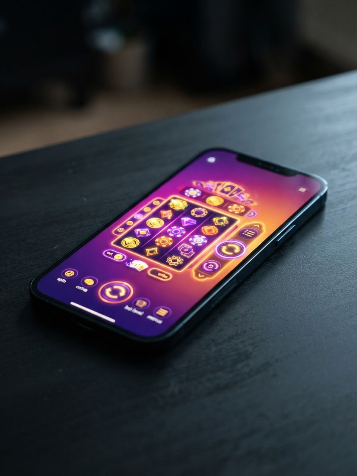 Hand die smartphone vasthoudt met paars casinospel op scherm