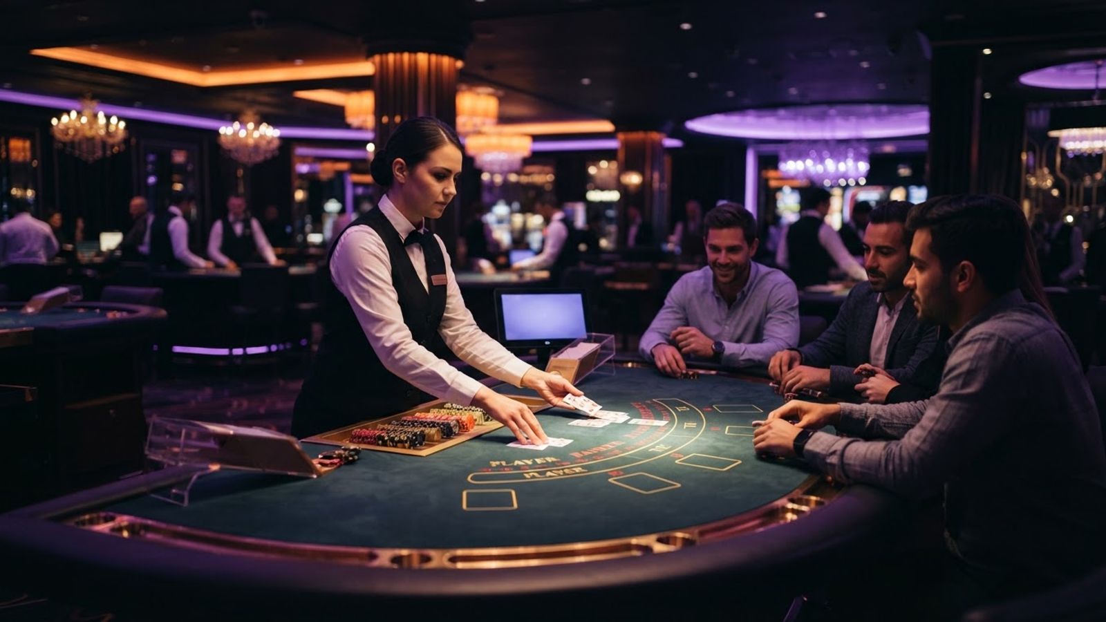 Blackjack tafel met kaarten en chips onder paars neonlicht